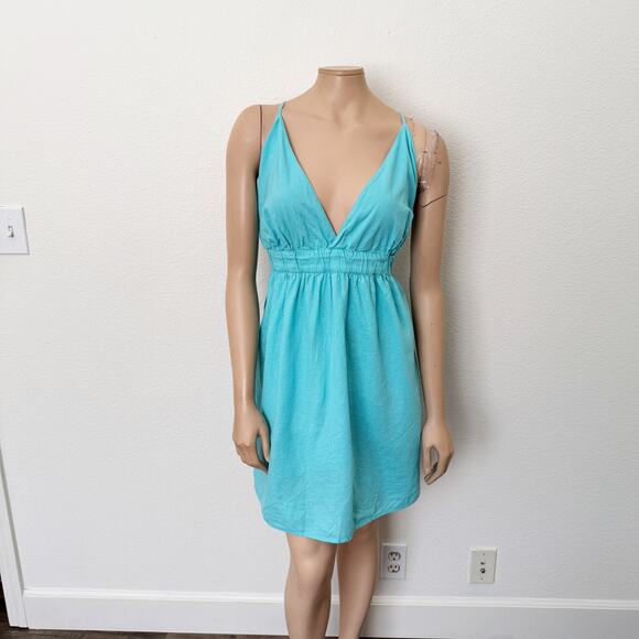 [Aerie] Blue Linen Blend Side Tie  Elastic Waist V-Neck Low Back Mini Dress XXL - Picture 2 of 12